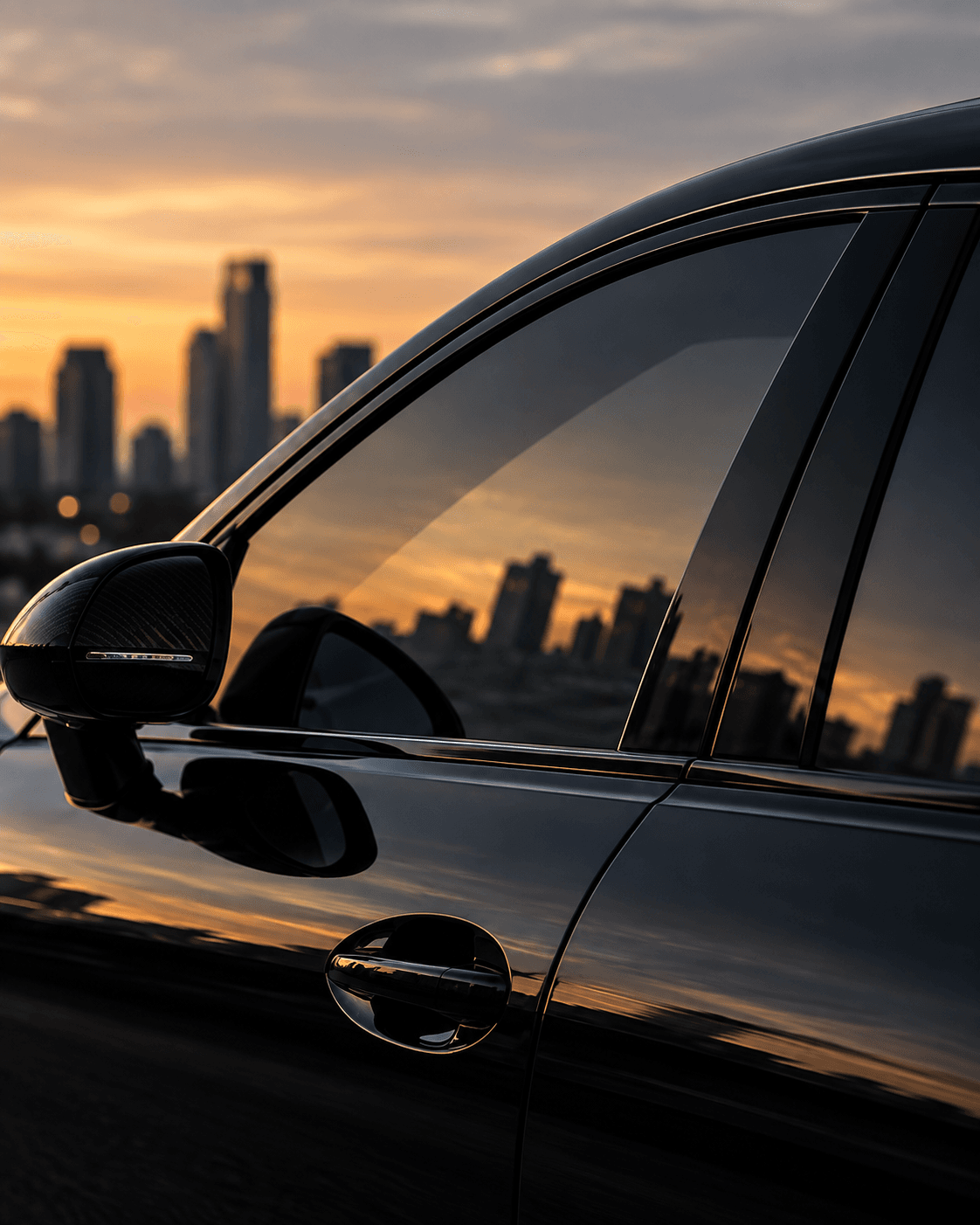 Illustrative close-up of black automotive glass reflecting a city skyline at dusk.