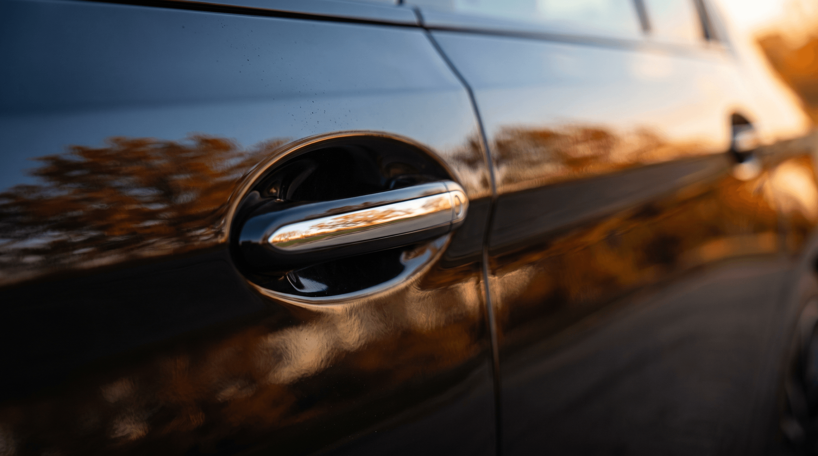 Close-up of a chrome handle and the surrounding black bodywork.