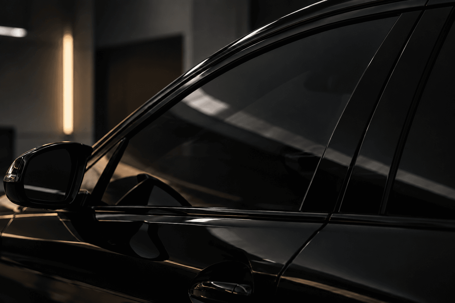 Illustrative close-up of black tinted automotive glass in a studio.
